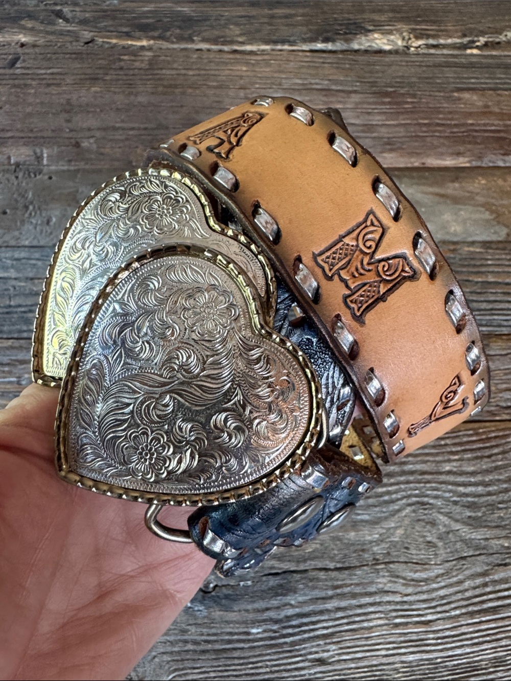Western leather tooled belt, double heart Silvertone buckle w/ name Amy 36”